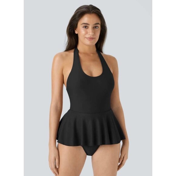 Halara Halter Pleated One Piece Swimsuit Sz Small Womens Black - Picture 2 of 14